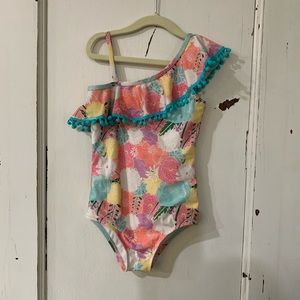 EUC Size 7 DotDotSmile Swimsuit. Pink, Purple, Yellow Floral w Turquoise Fringe